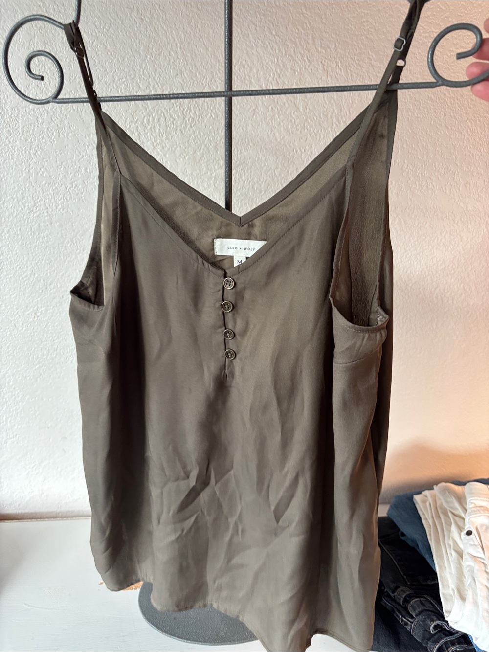 Kleo + Wolf Olive Button-Front Silk Cami with Adjustable Straps
